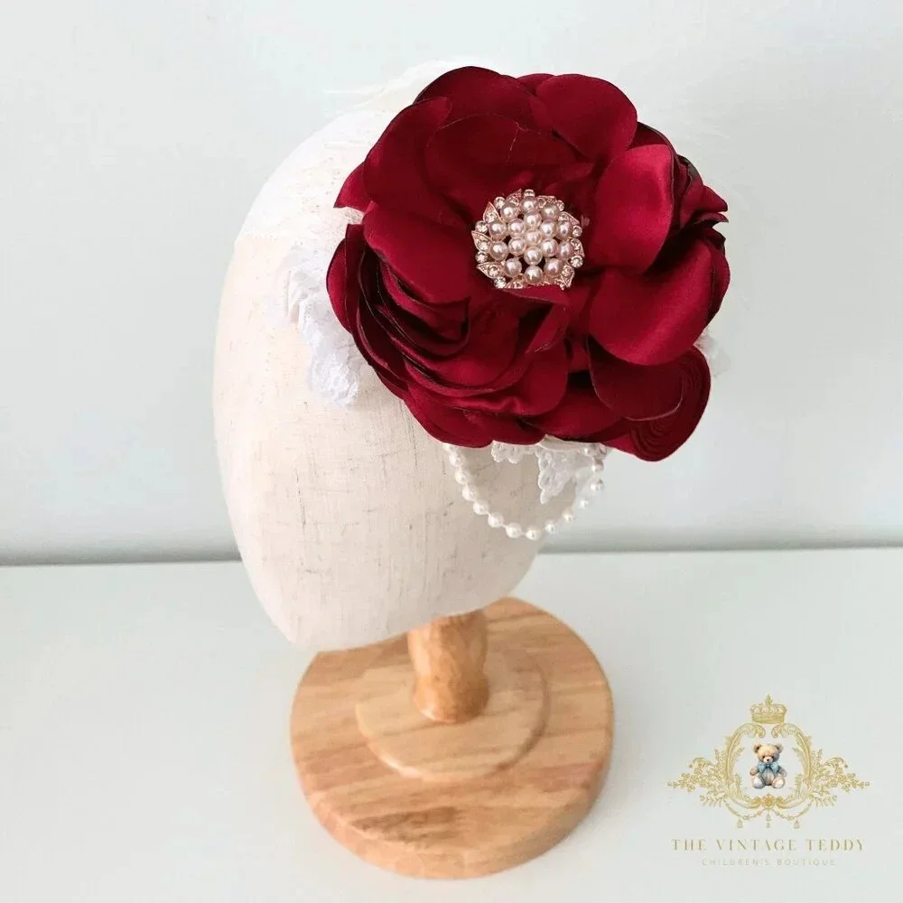 NWT Pretty Vintage Inspired Girls Headband Floral Beaded Lace Crimson Red OS